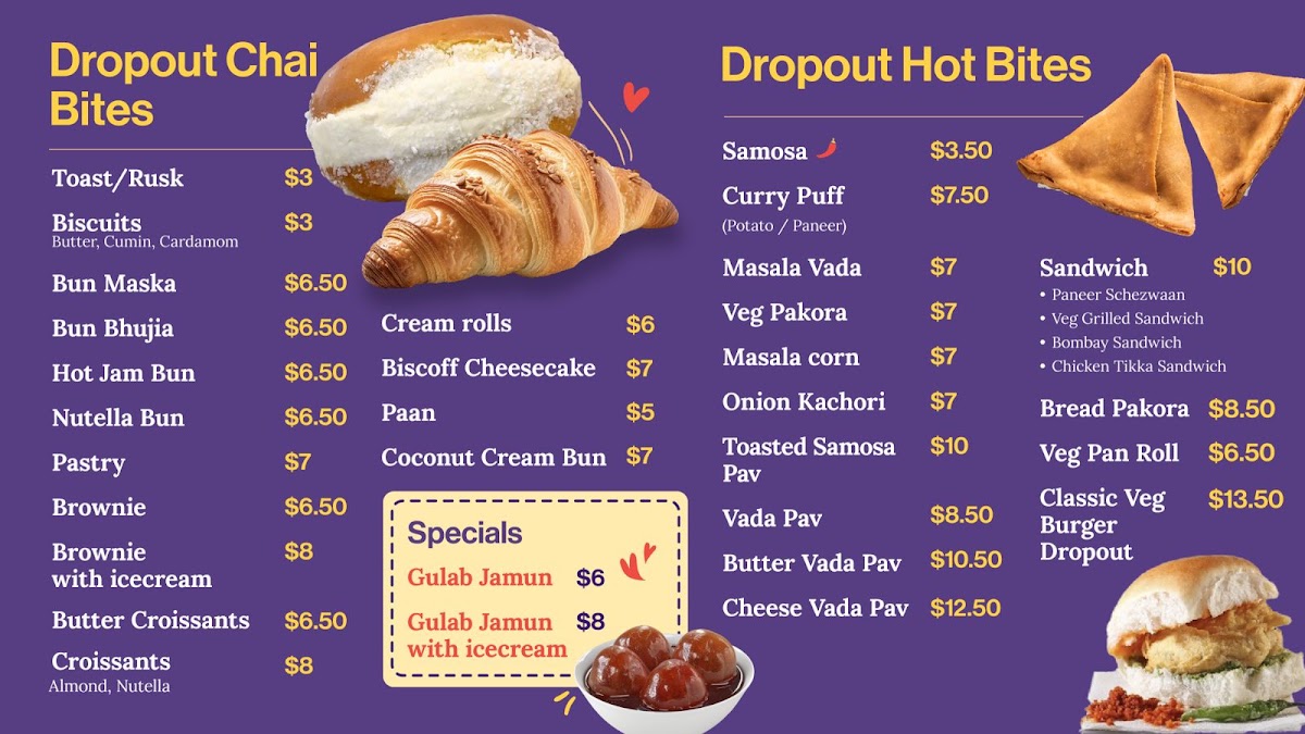 Dropout Chaiwala menu board