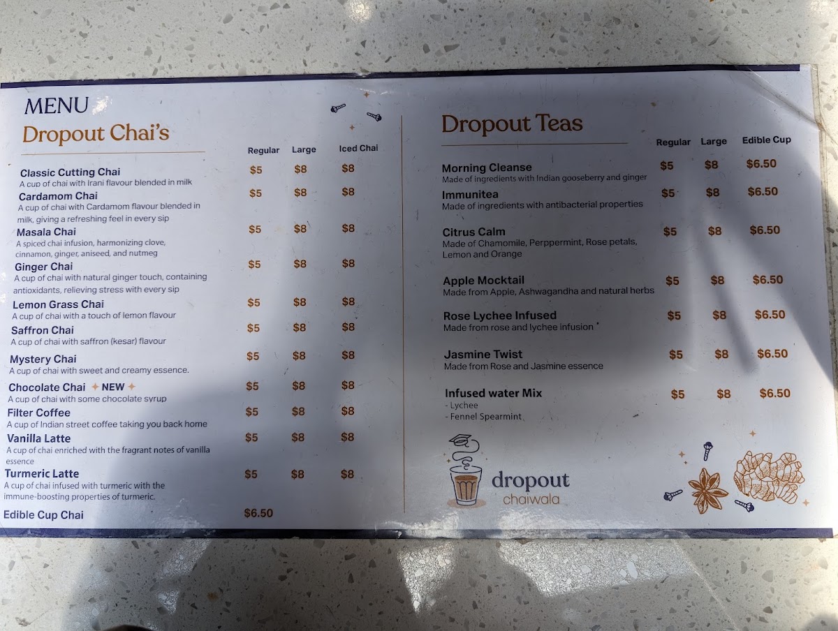 Dropout Chaiwala menu board