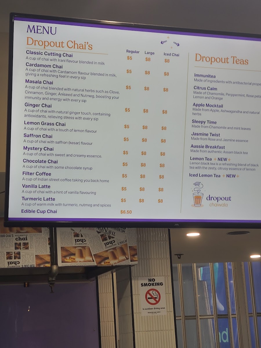 Dropout Chaiwala menu board
