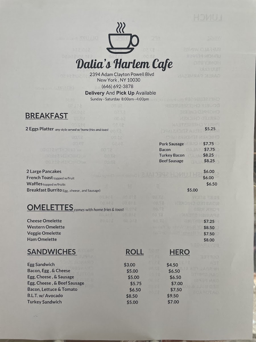 Dalias Harlem Cafe menu board