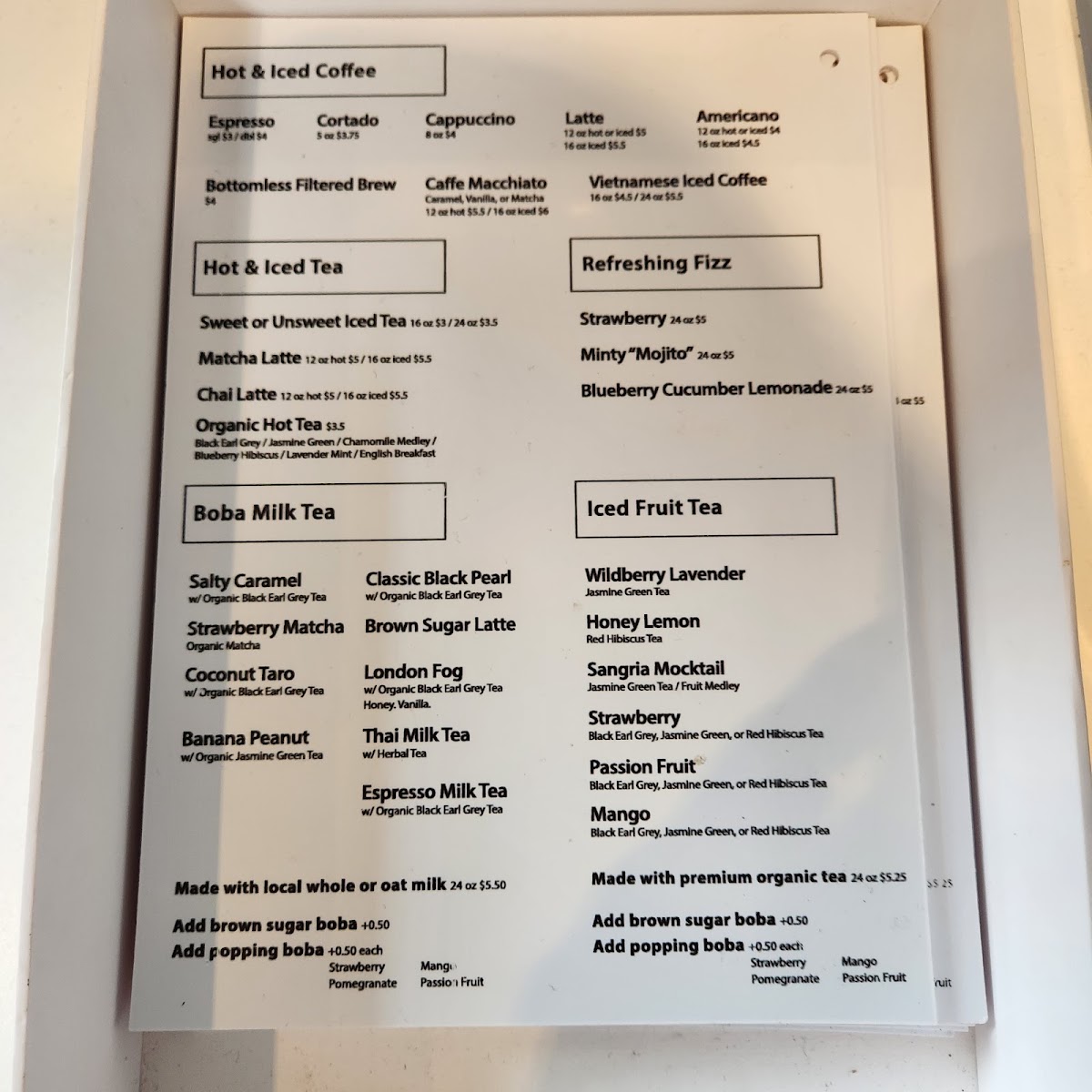 Wonderful World Coffee and Tea menu board