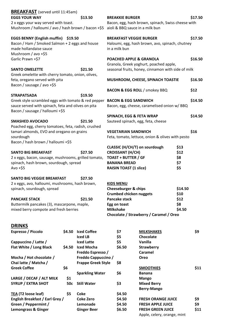 Santo Cafe & Restaurant menu board