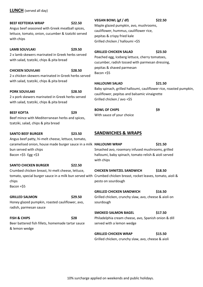Santo Cafe & Restaurant menu board