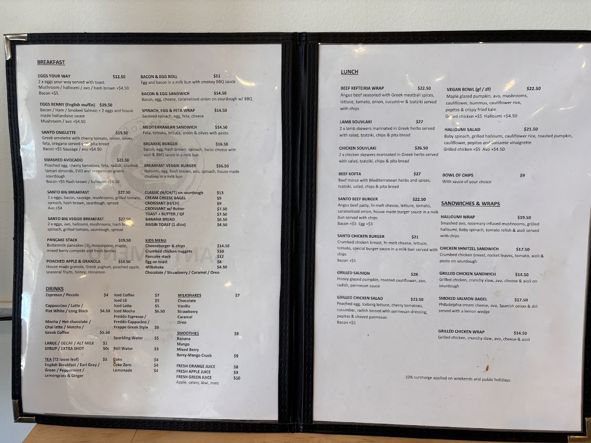 Santo Cafe & Restaurant menu board