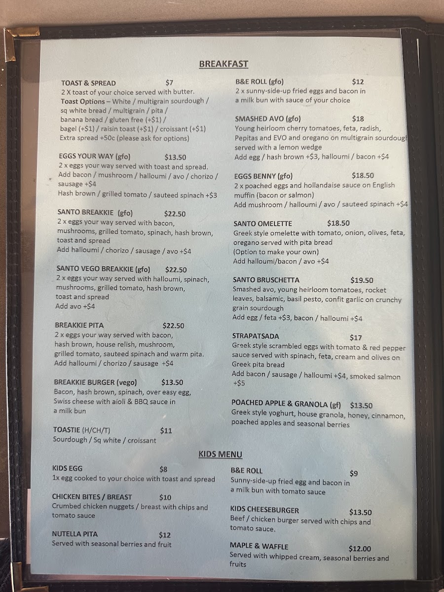 Santo Cafe & Restaurant menu board