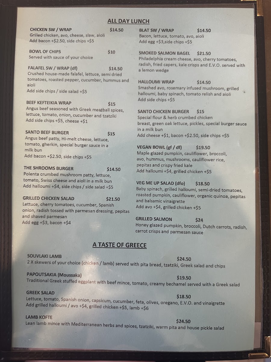 Santo Cafe & Restaurant menu board