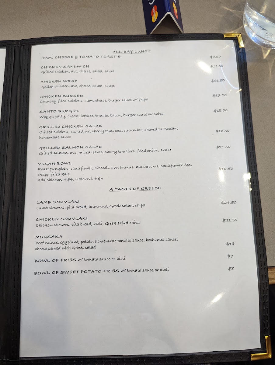 Santo Cafe & Restaurant menu board