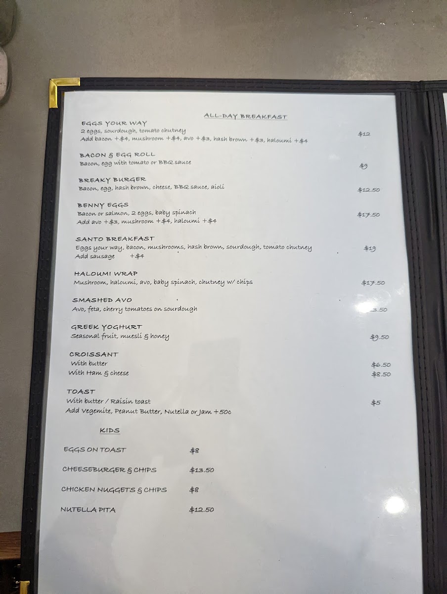 Santo Cafe & Restaurant menu board