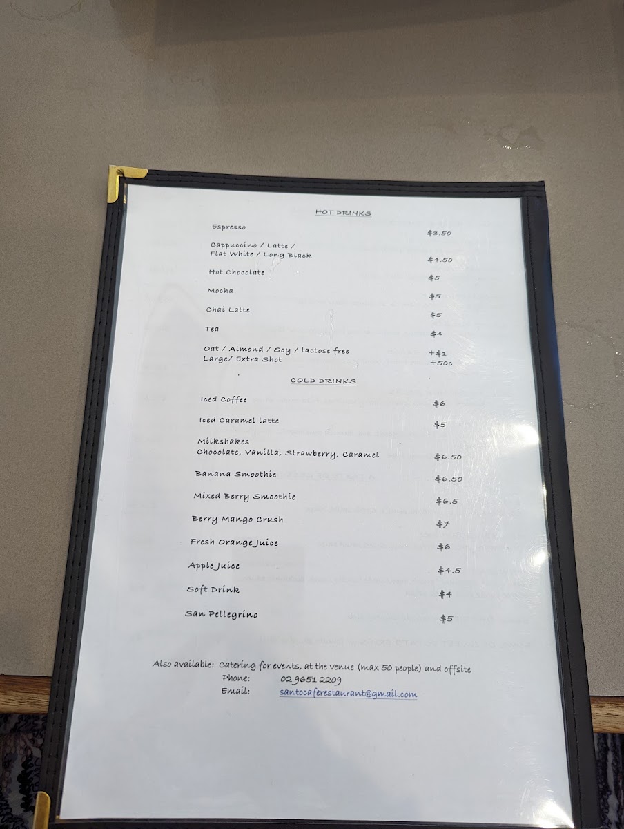 Santo Cafe & Restaurant menu board