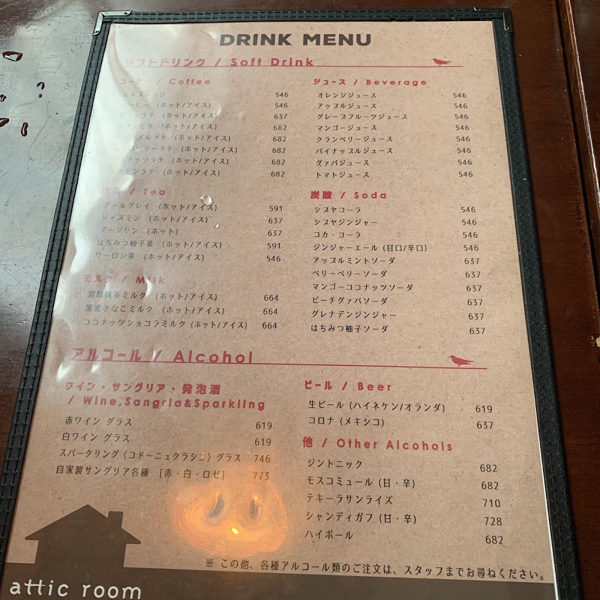 Attic room Shibuya menu board
