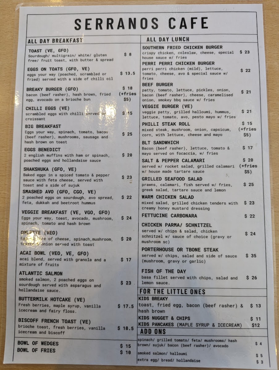 Serrano's Cafe menu board