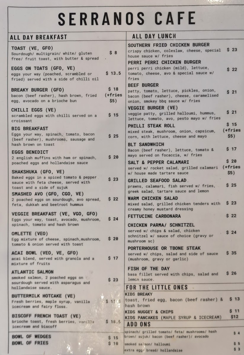 Serrano's Cafe menu board