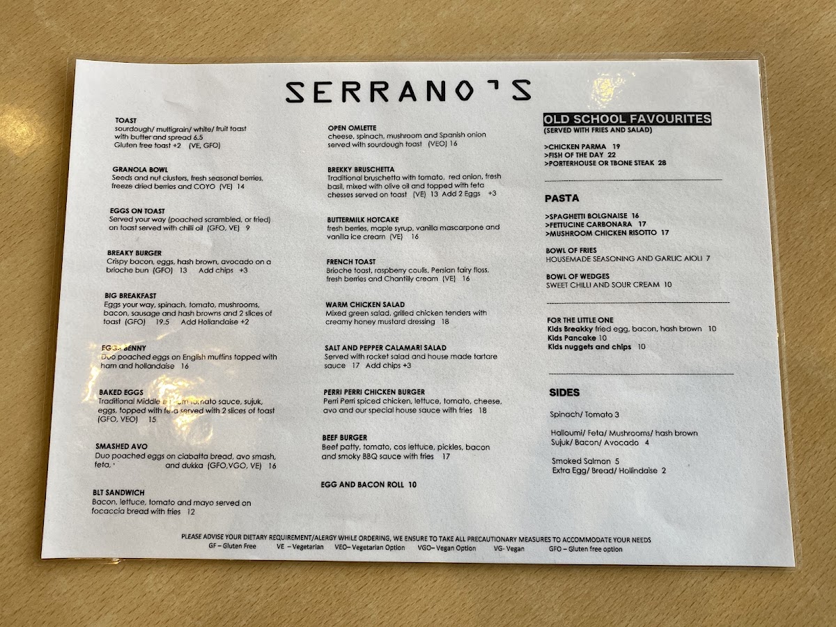 Serrano's Cafe menu board