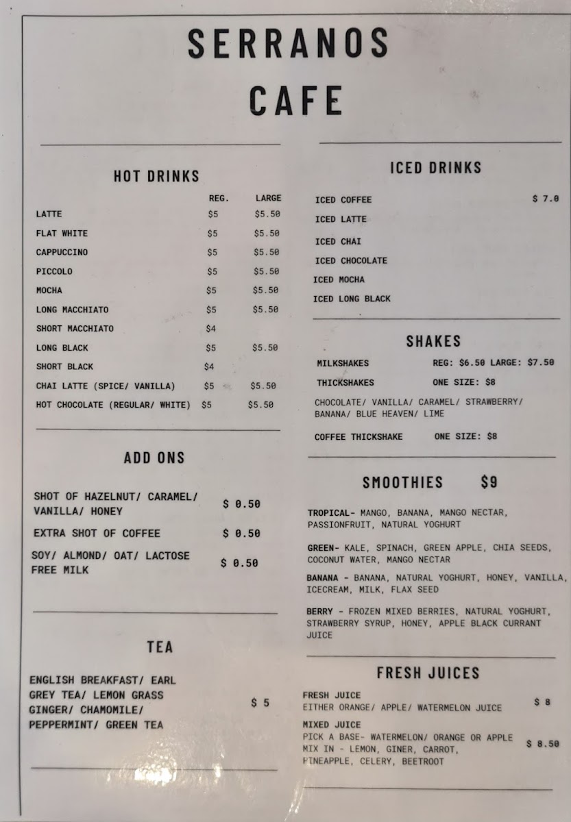 Serrano's Cafe menu board