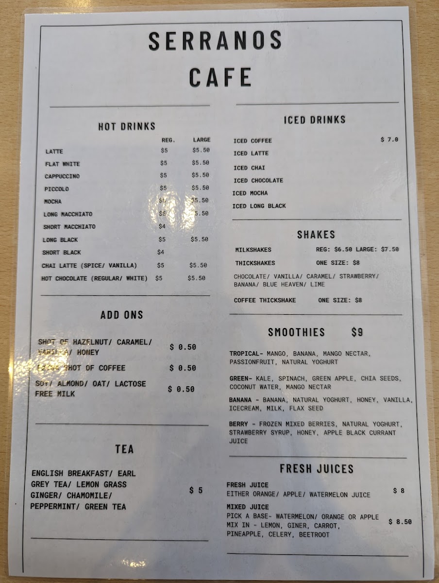 Serrano's Cafe menu board