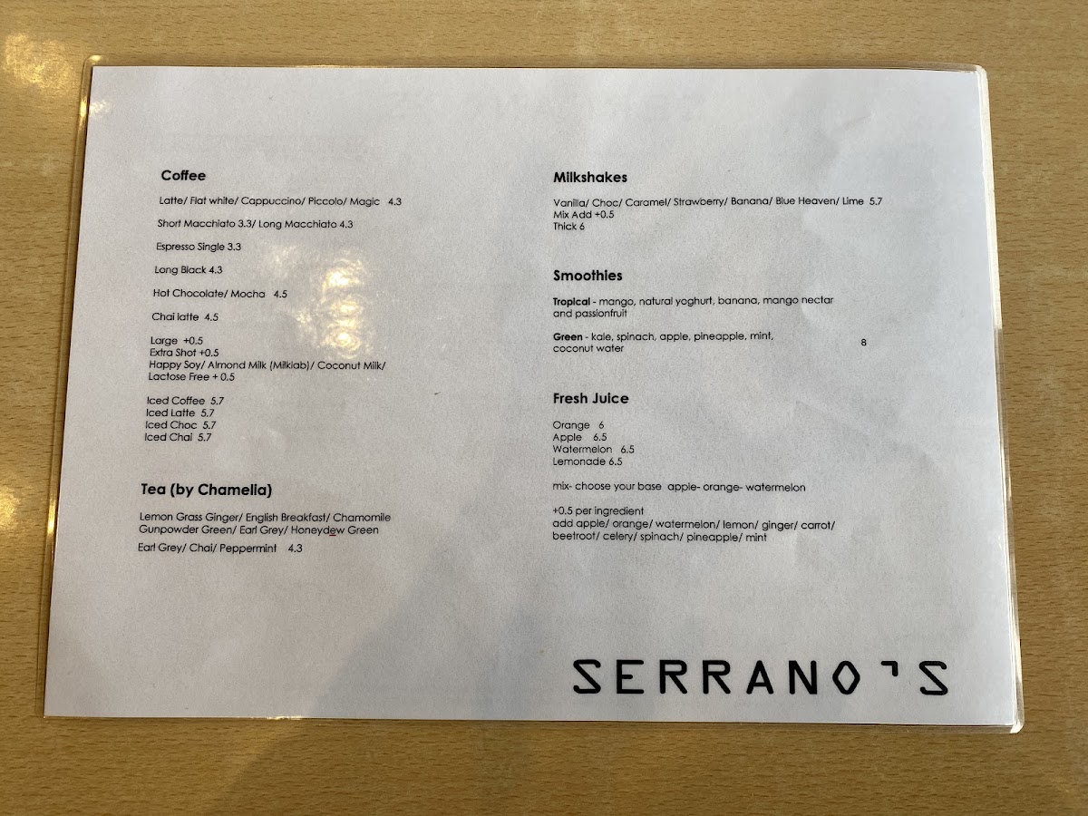 Serrano's Cafe menu board