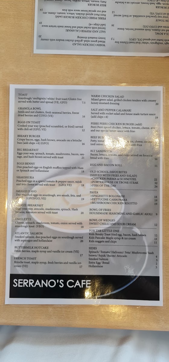 Serrano's Cafe menu board