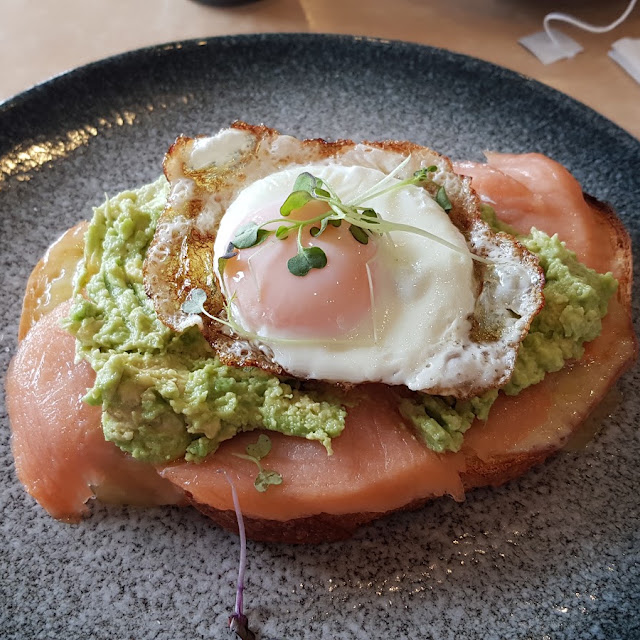 Open Salmon an Avacardo Toasted Sandwich