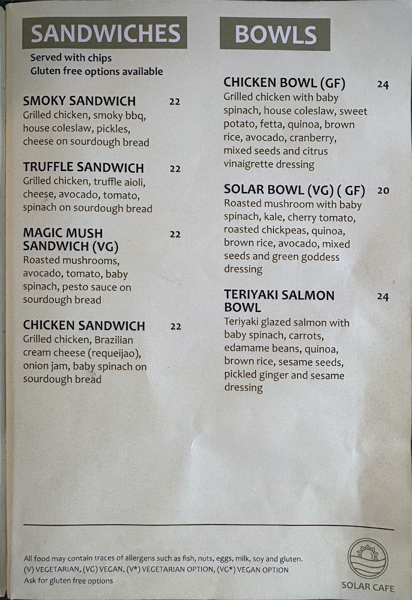 SOLAR CAFE menu board