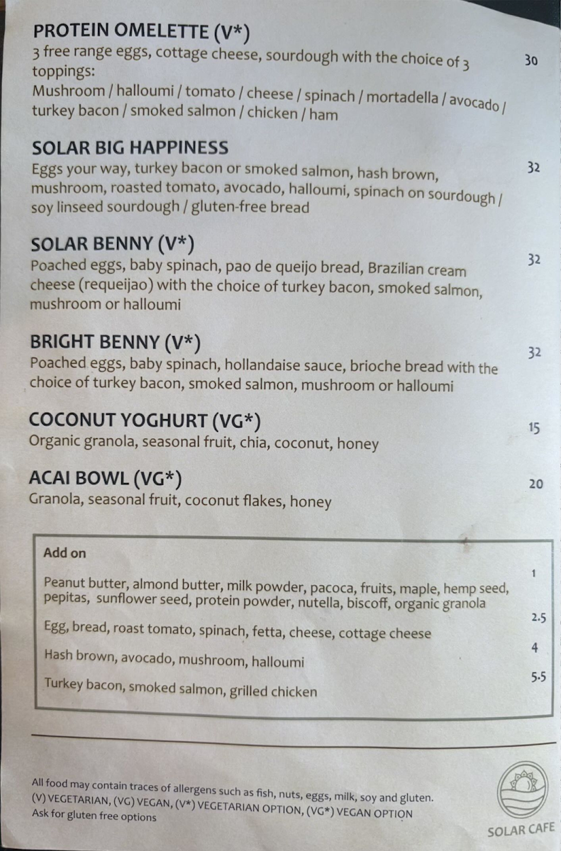SOLAR CAFE menu board