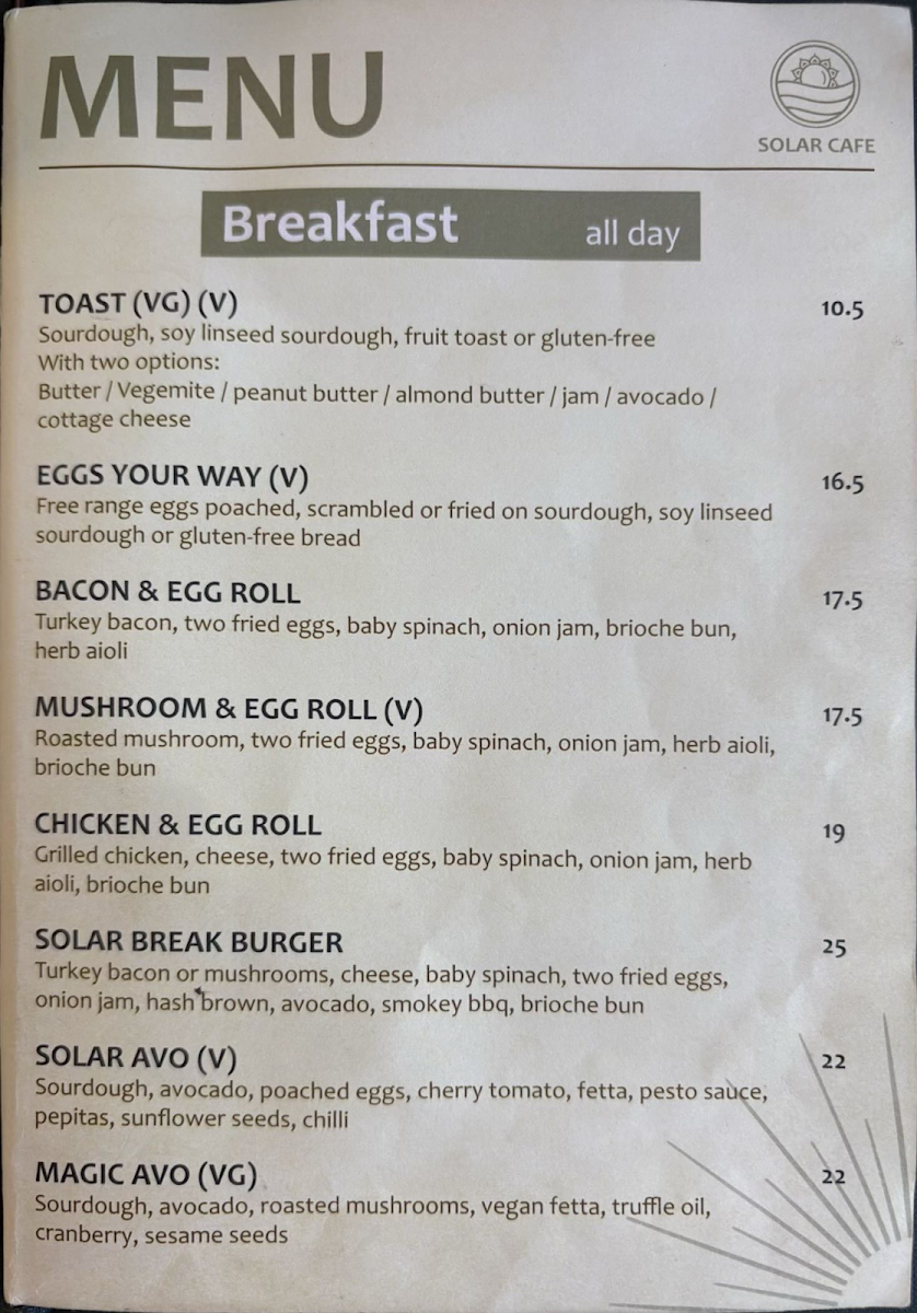 SOLAR CAFE menu board
