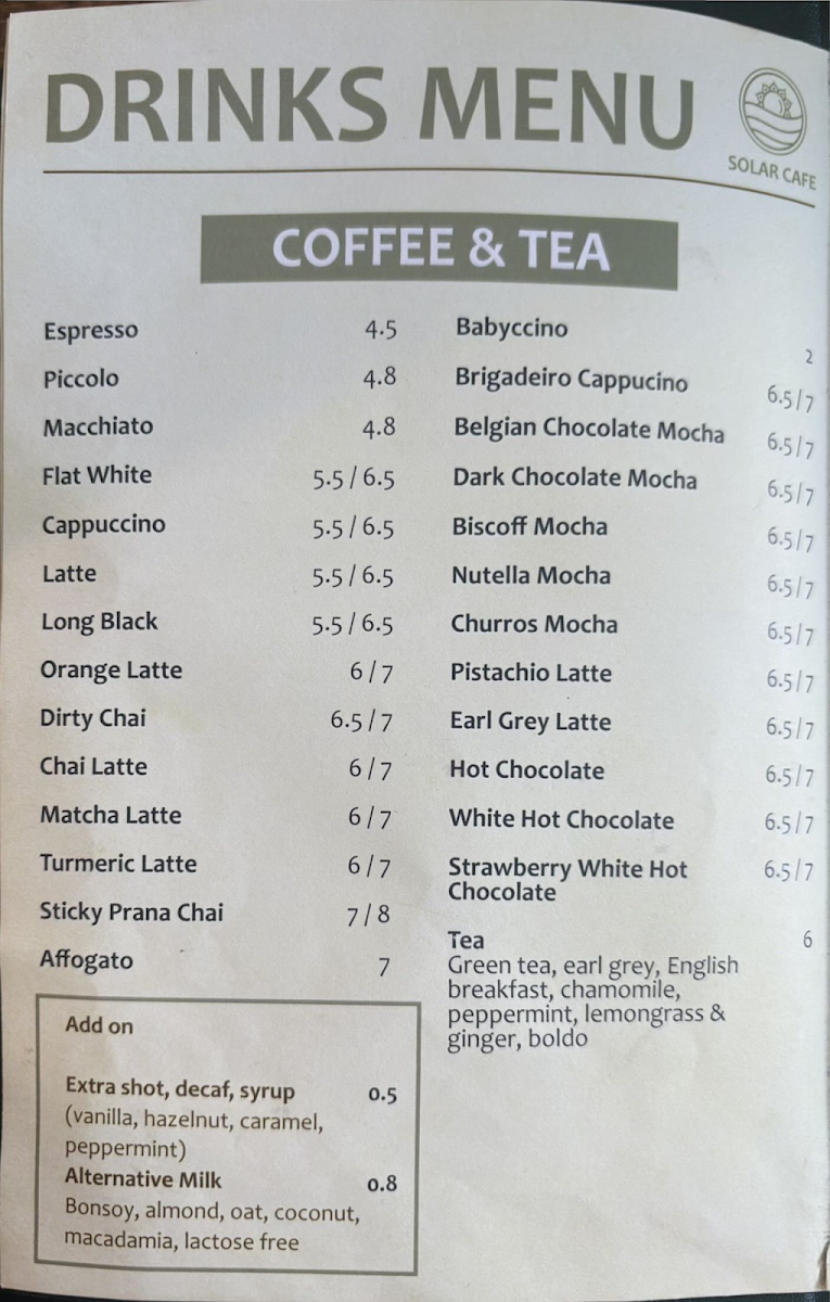 SOLAR CAFE menu board