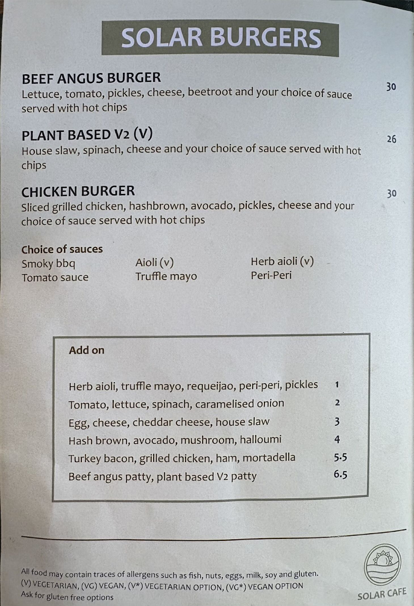 SOLAR CAFE menu board