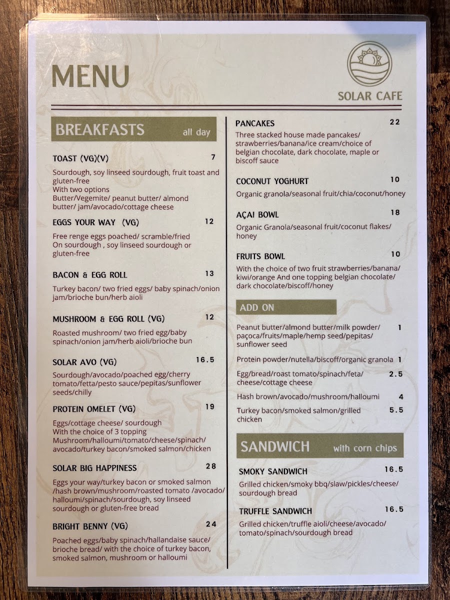 SOLAR CAFE menu board