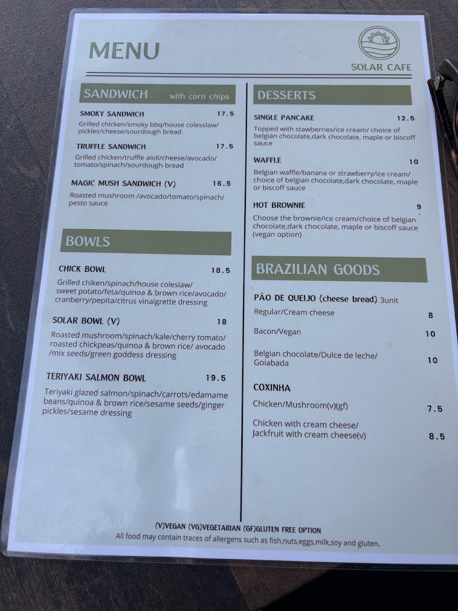 SOLAR CAFE menu board