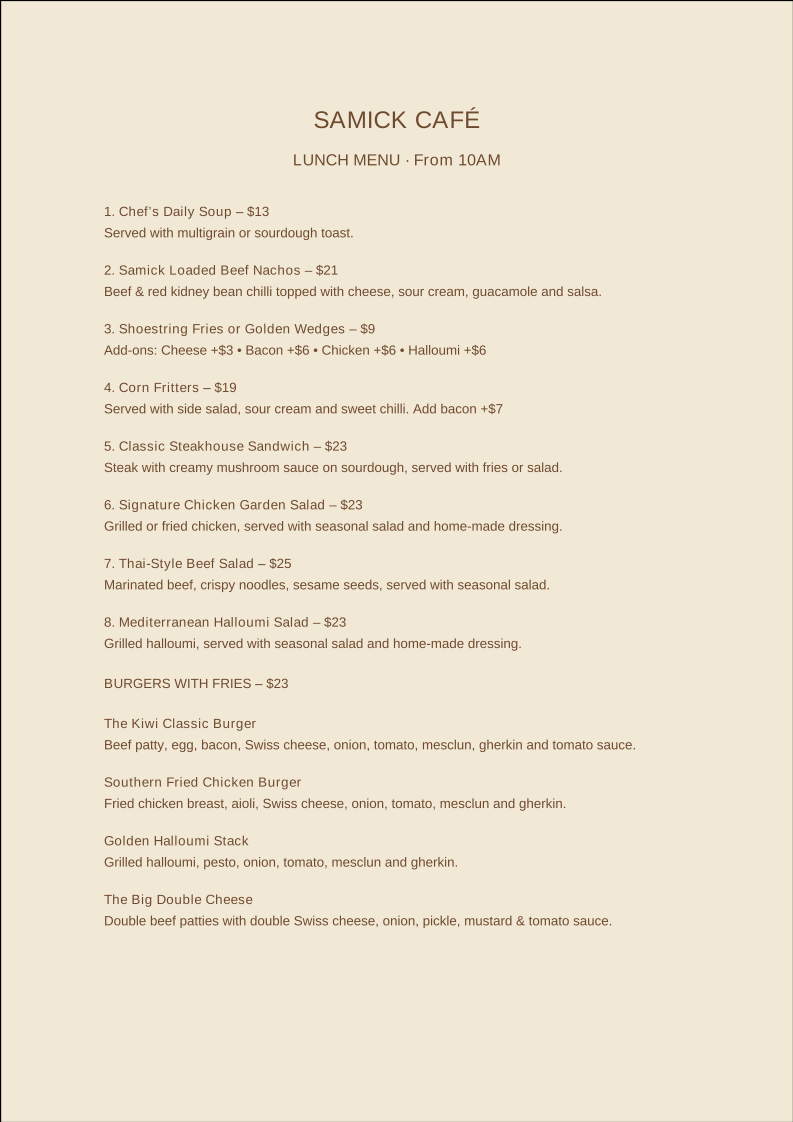 SaMick Cafe & Bar menu board