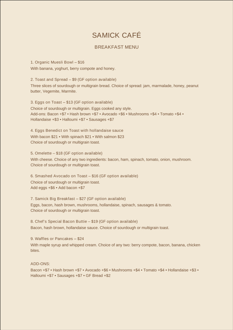 SaMick Cafe & Bar menu board