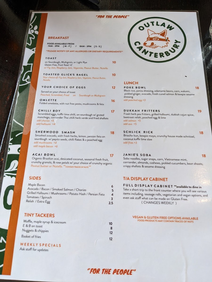 Outlaw Canterbury menu board