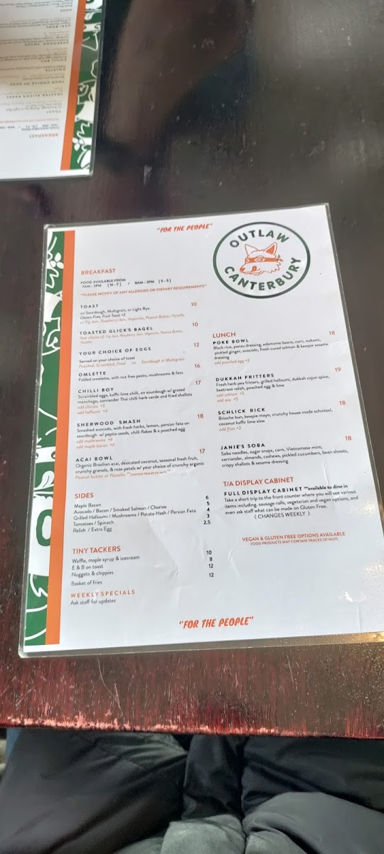Outlaw Canterbury menu board