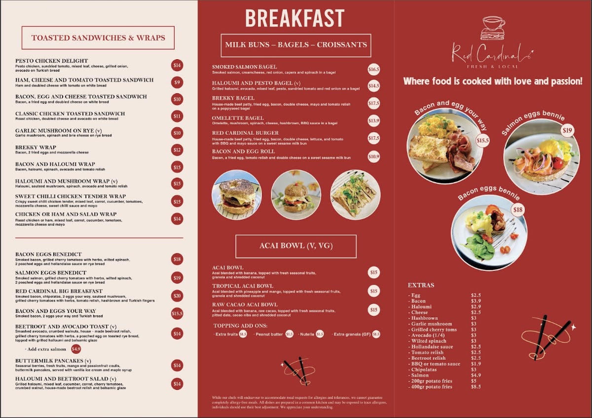 Red Cardinal Cafe menu board