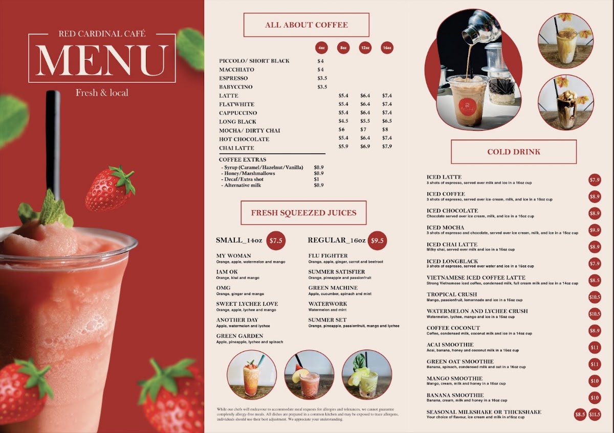 Red Cardinal Cafe menu board