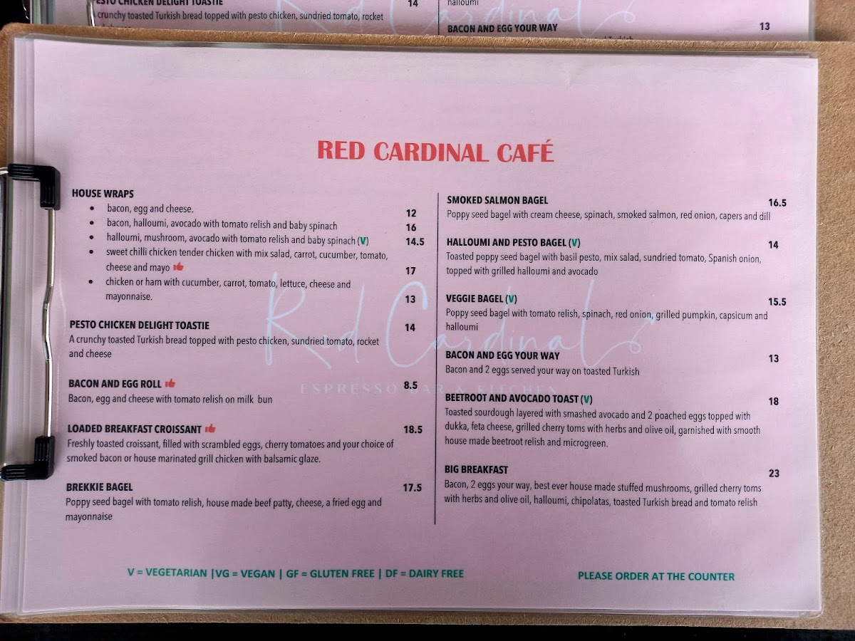 Red Cardinal Cafe menu board