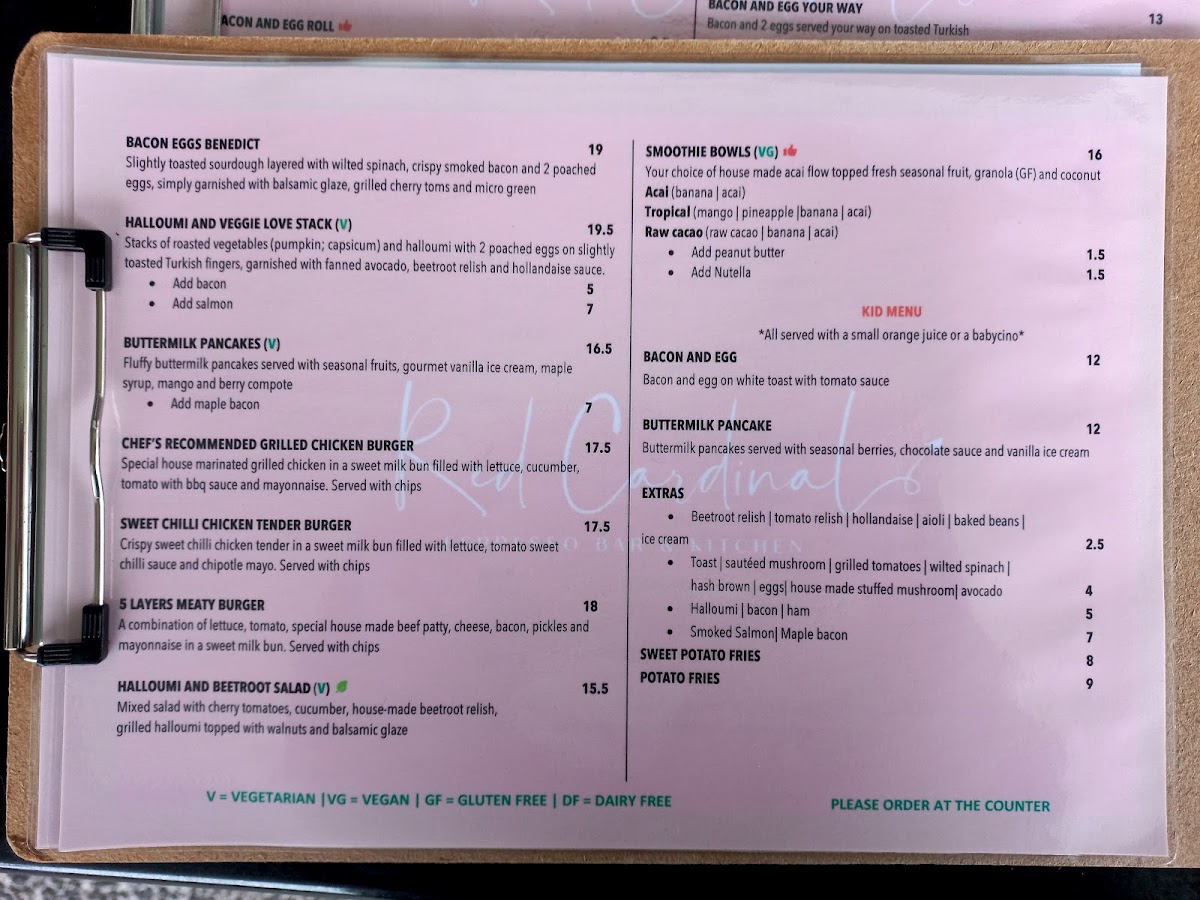 Red Cardinal Cafe menu board