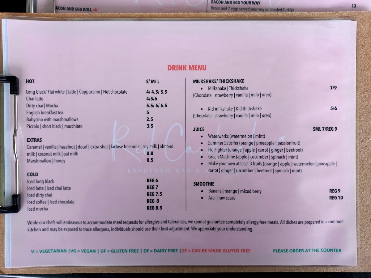 Red Cardinal Cafe menu board