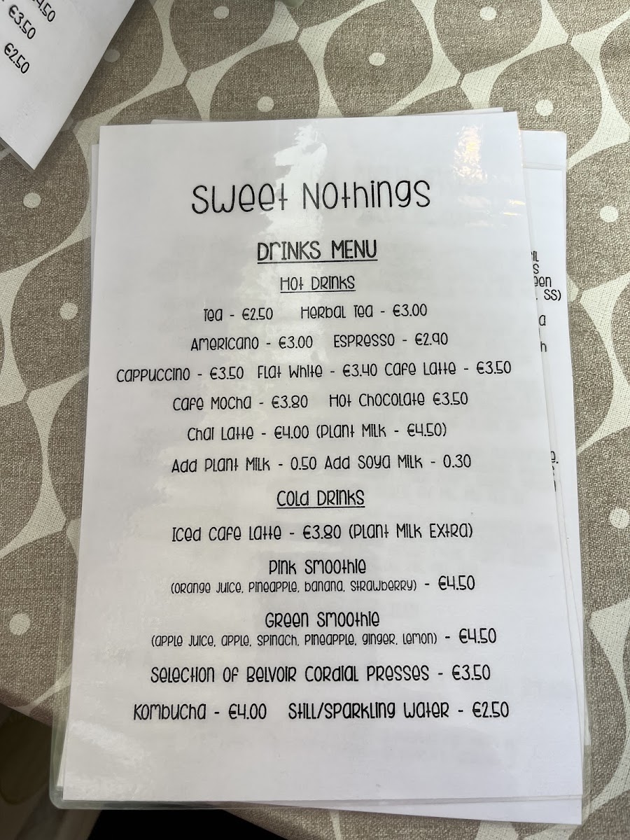 Sweet Nothings Cafe menu board