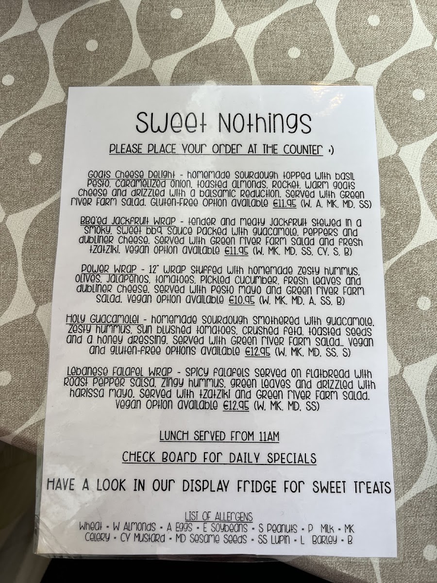 Sweet Nothings Cafe menu board