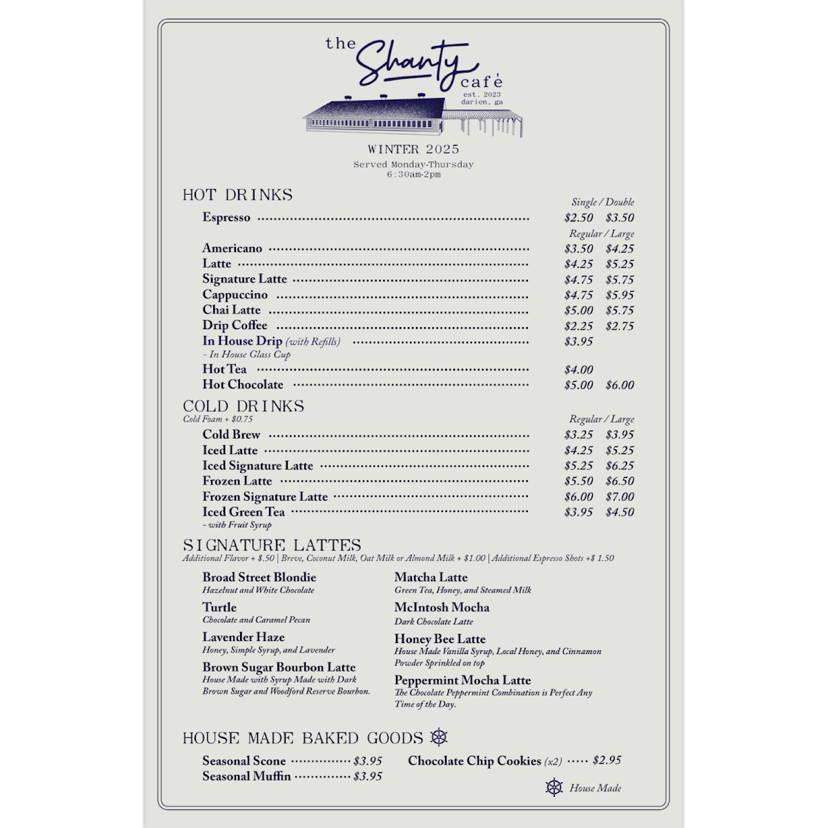 The Shanty Cafe menu board