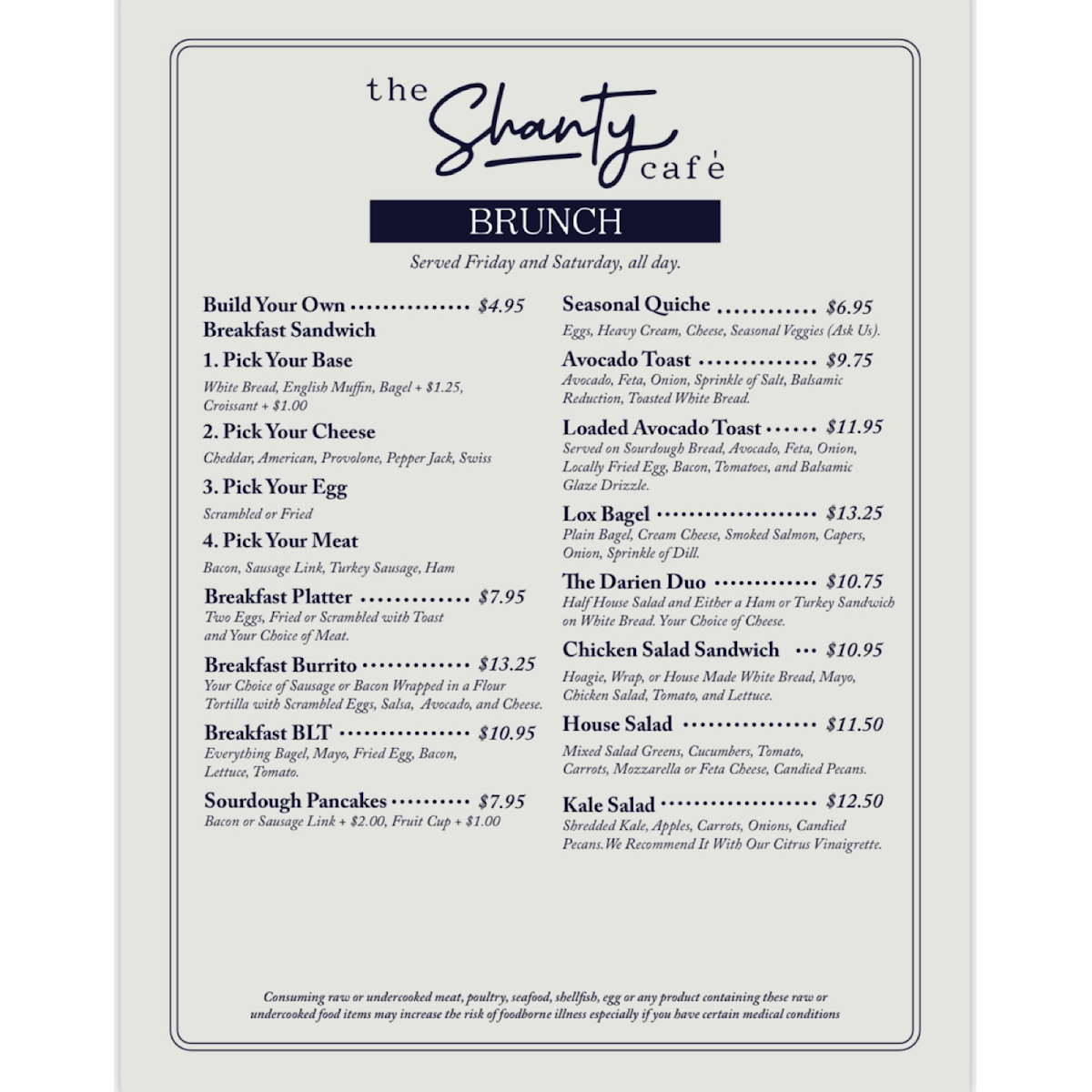 The Shanty Cafe menu board