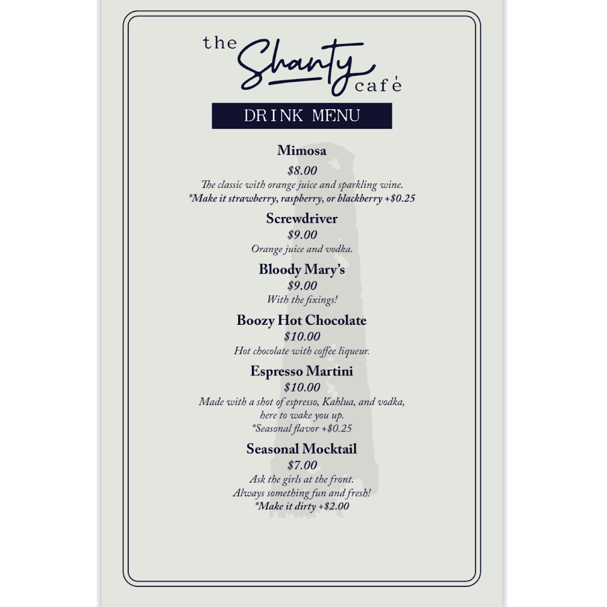 The Shanty Cafe menu board