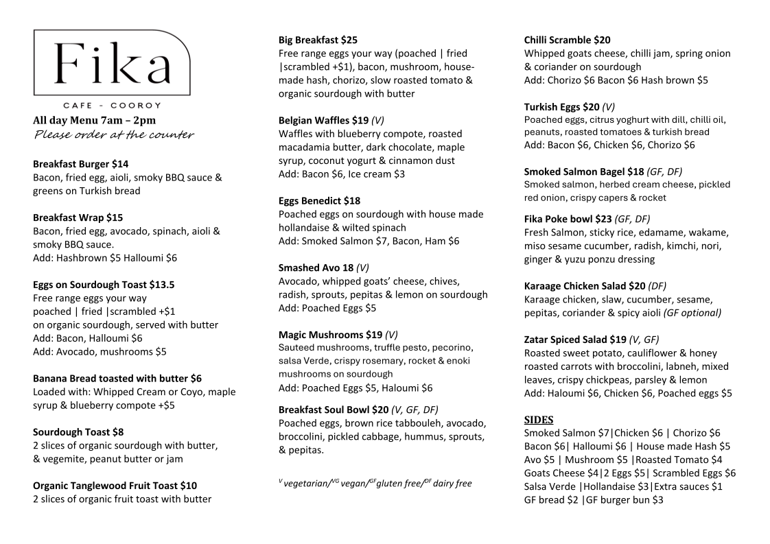 Fika Cafe Cooroy menu board