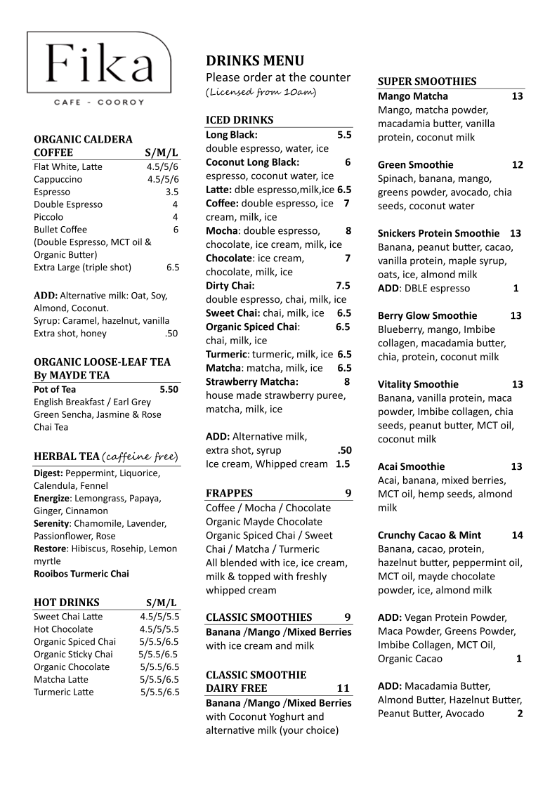 Fika Cafe Cooroy menu board