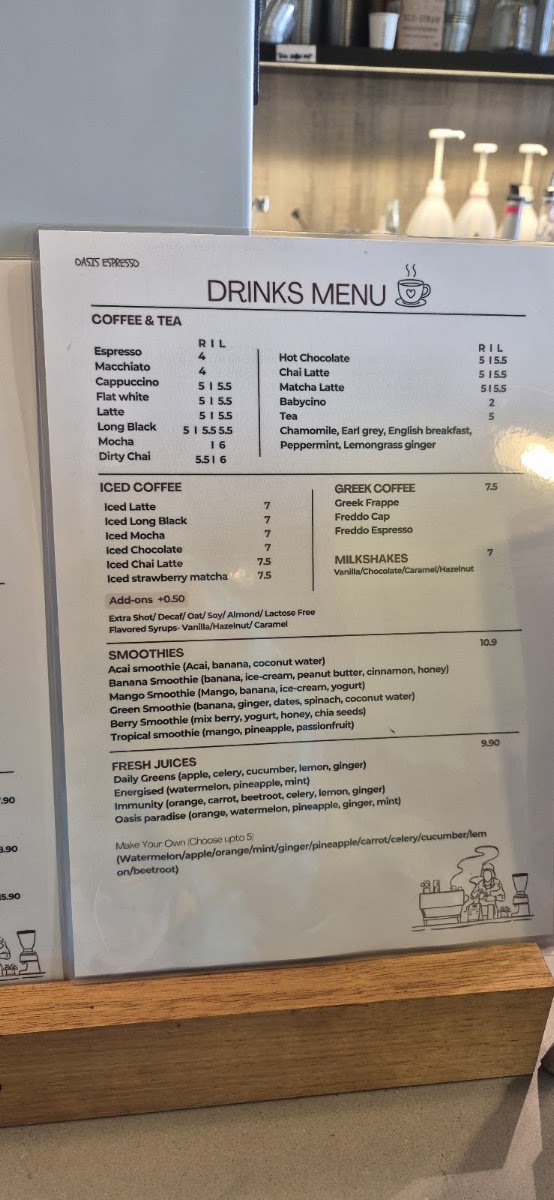Oasis Espresso Cafe menu board