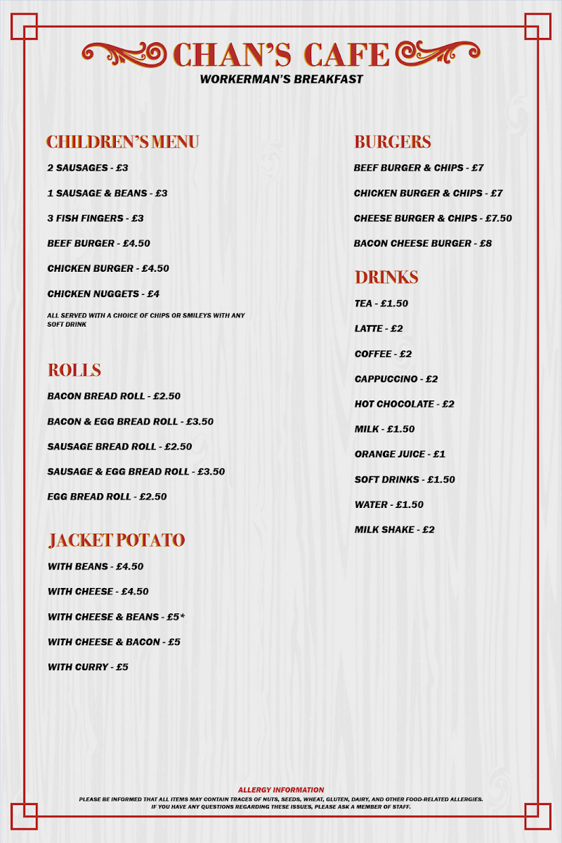 Chan's Cafe menu board