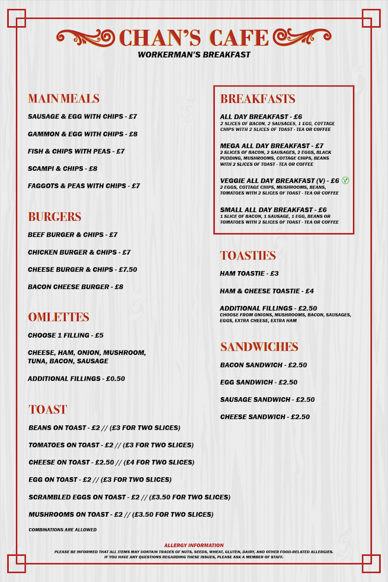 Chan's Cafe menu board
