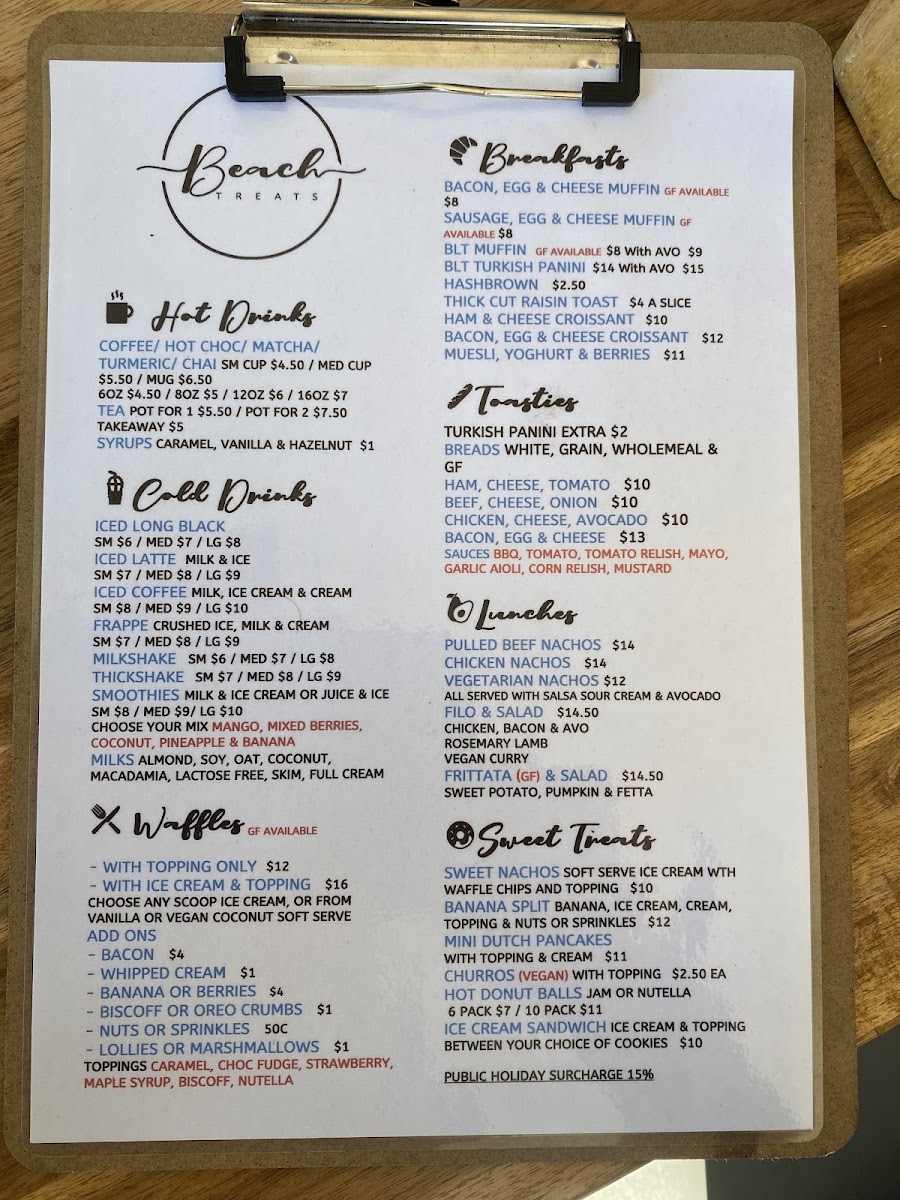 Beach Treats Bargara menu board