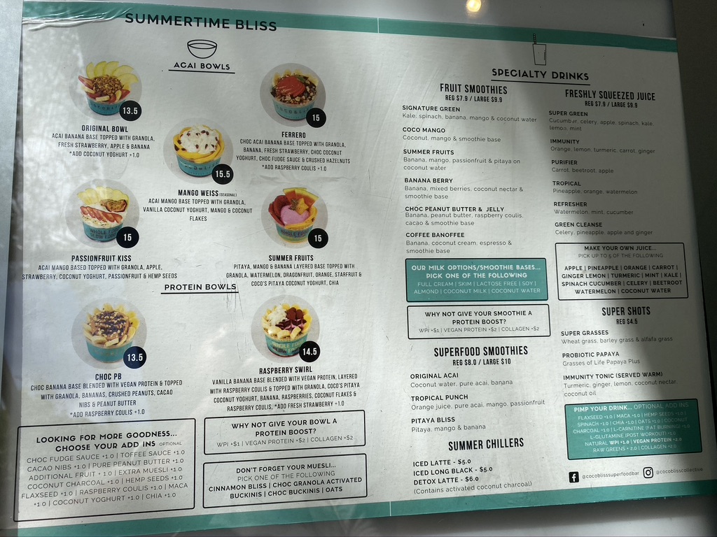 Coco Bliss South Bank menu board